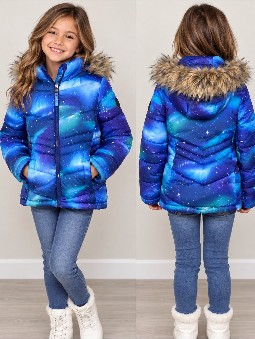 Madden Girl Girls’ 7/8 Galaxy Print Puffer Jacket Faux Fur Hood